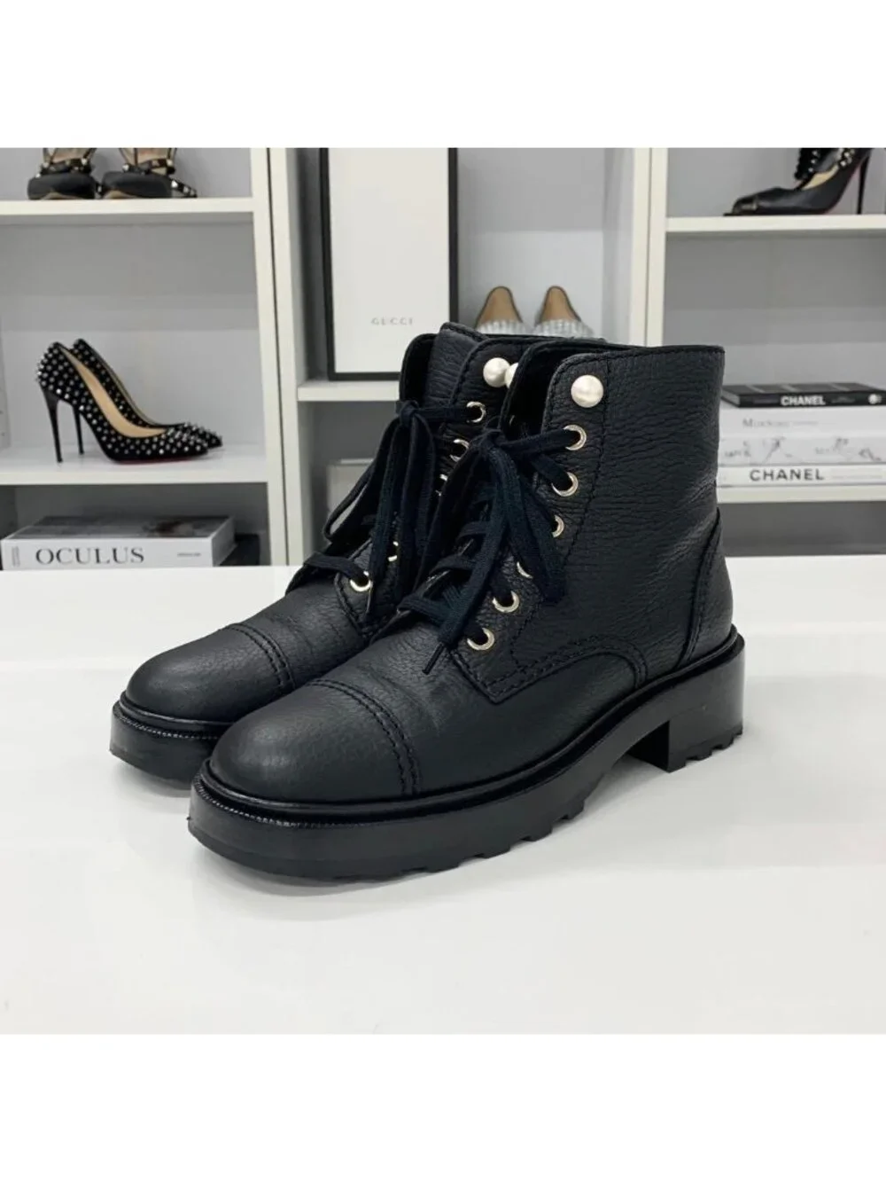 Chanel CC Logo Leather Pearl Lace-up Short Boots Black